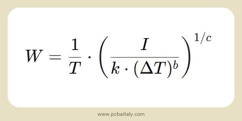 la formula fondamentale della larghezza della traccia (W) che deriva dallo standard IPC-2221
