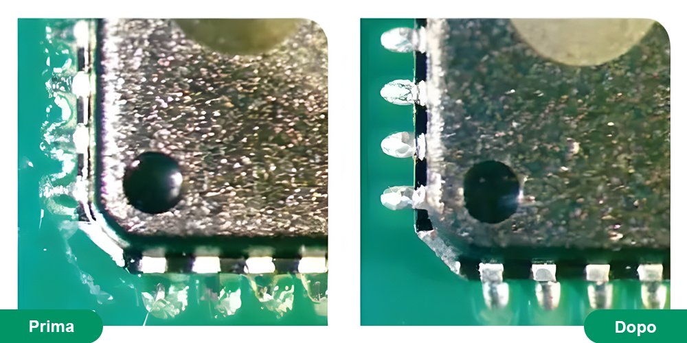 Confronto tra il PCB prima e dopo la pulizia del flussante dal componente